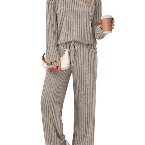 Soft Ribbed Knit Lounge Set Long Sleeve Matching Pajamas Sweatsuit